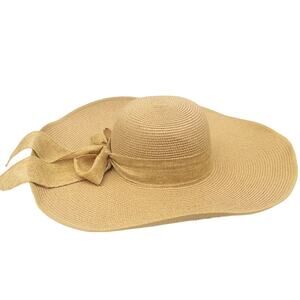 Floppy Straw Beach Sun Hat Women OS Tan Packable Wide Brim Bow Adjustable